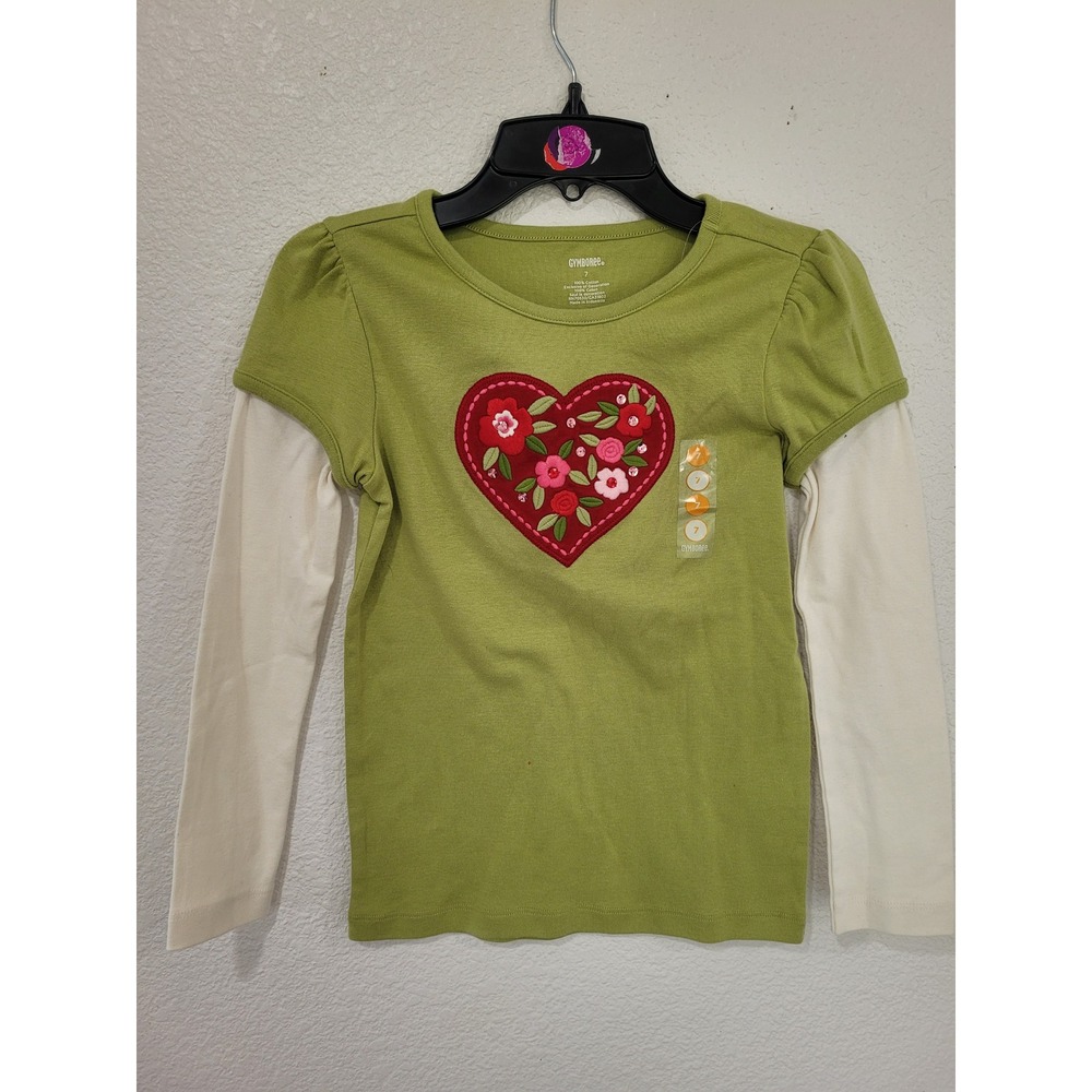 Gymboree Girls Green Heart Floral Embroidered Layered Long Sleeve Tee Shirt 7 #1